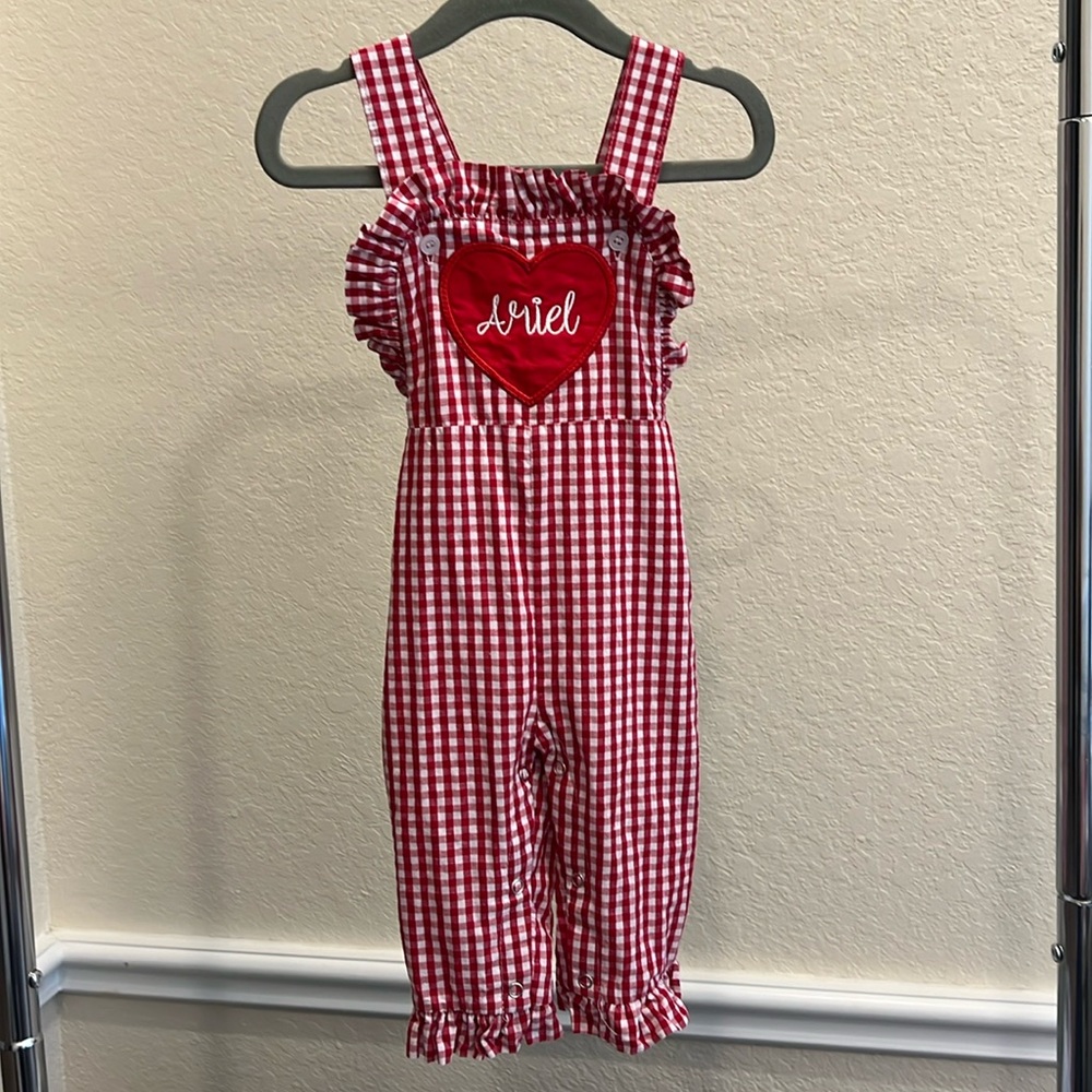 Ariel Heart Valentine’s Red and White Plaid Girl Overalls